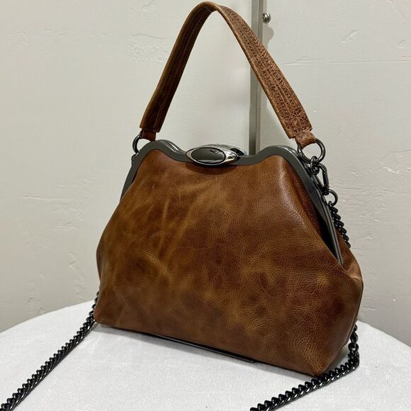 Crazy Horse Cowhide Handmade Custom Frame Push Lock Handbag/Multi Use Style - Picture 1 of 16